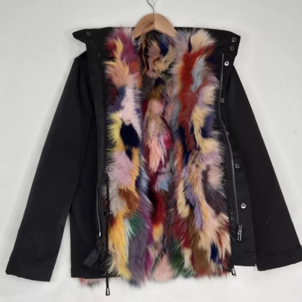 JOCELYN Multicolor Fox Fur Lined Jacket Black Silver Studded Cinch Waist Size L